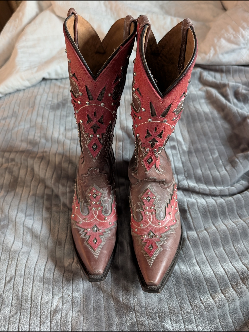 Embroidered Two-Tone Brown and Red Western Heeled Boots